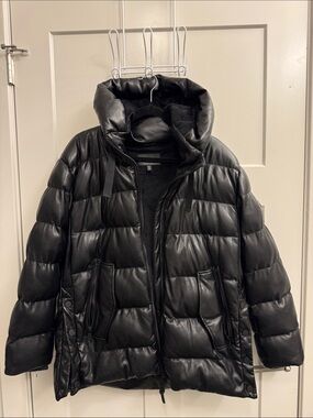 🔴LAST CALL‼️ Dkny Quilted Faux-Leather Hooded Puffer Coat Jacket w/Hood Straps
